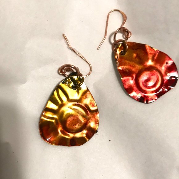 Handmade Colorful Floral Solid Copper Earrings Boho Festival Gift Cute Artsy Dan - Picture 6 of 7